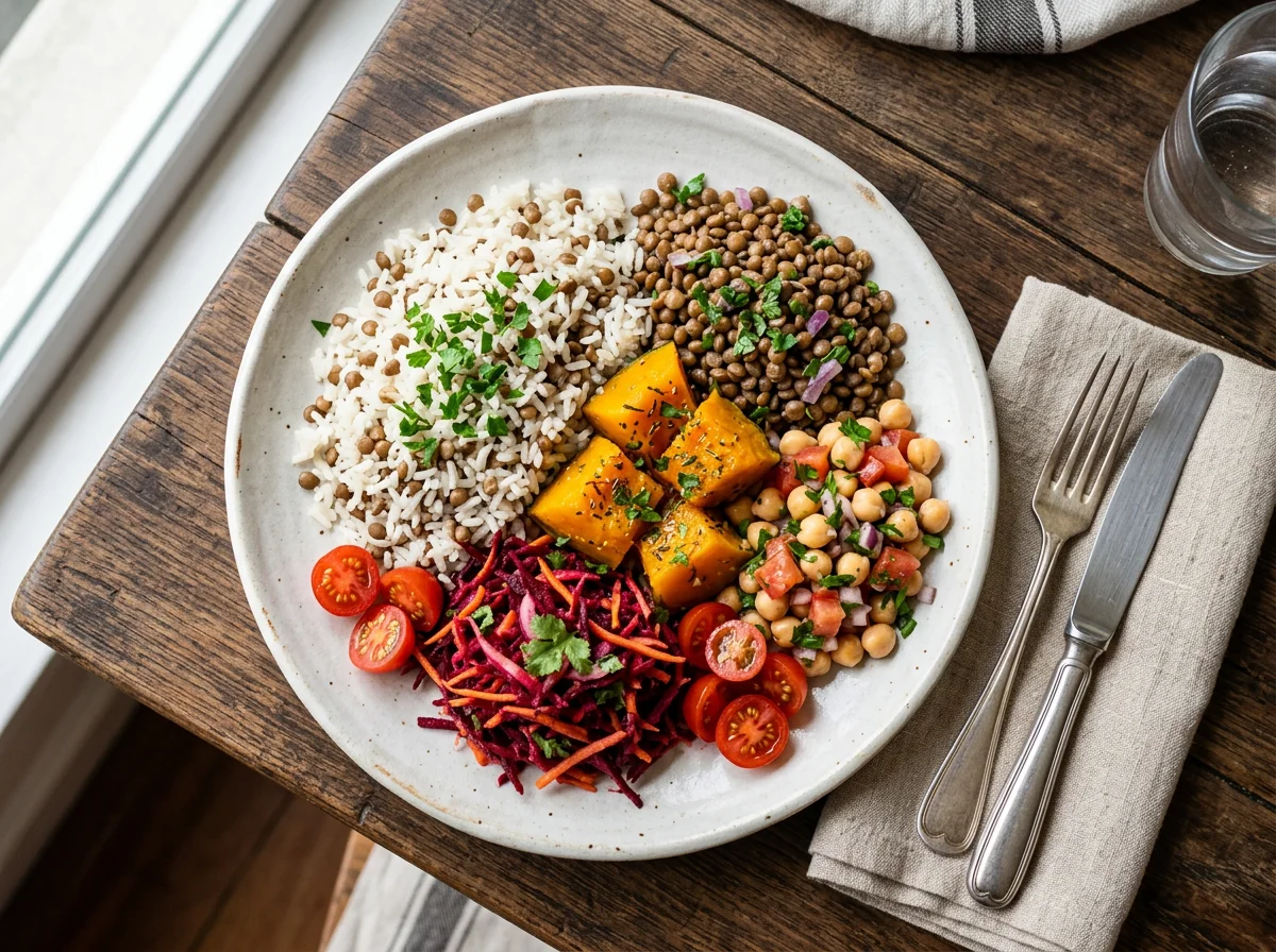 Prato variado com arroz, lentilha, abóbora e salada photo