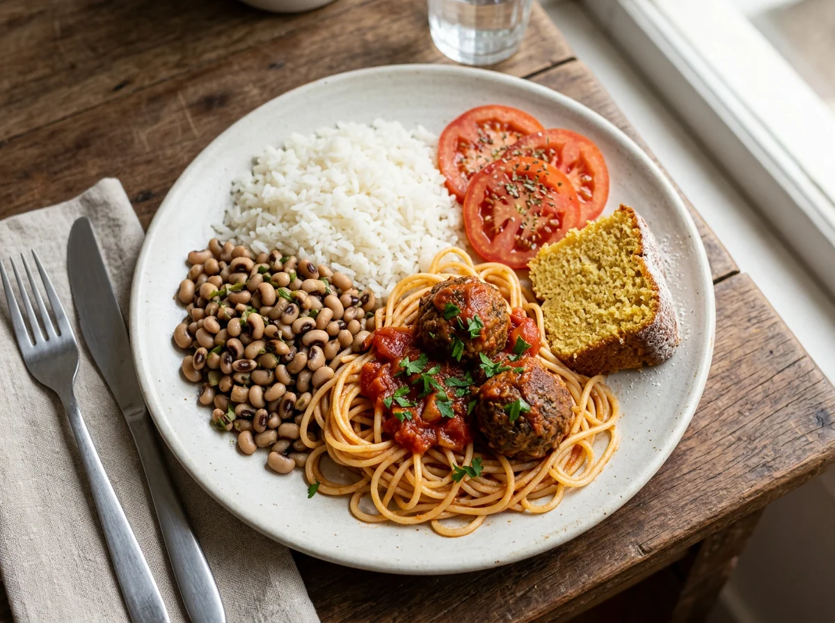Prato variado com arroz, macarrão, almôndega e bolo de fubá photo