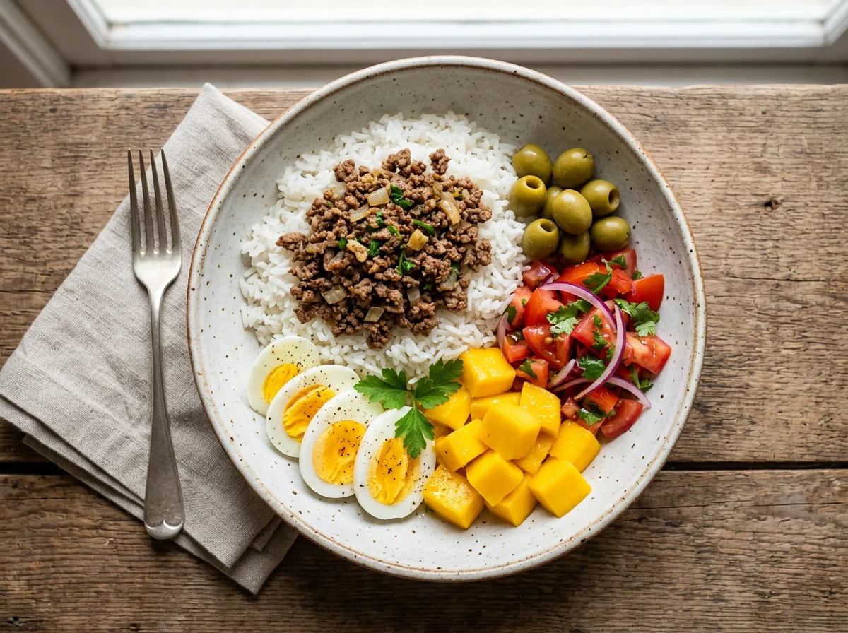 Prato variado com arroz, manga, tomate, azeitonas e ovos photo