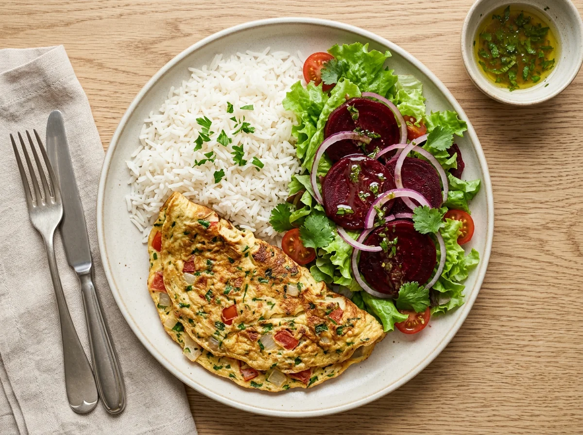 Prato variado com arroz, omelete, salada e beterraba photo