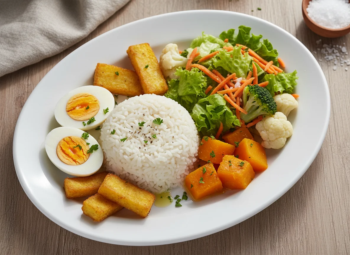 Prato variado com arroz, ovos e legumes photo