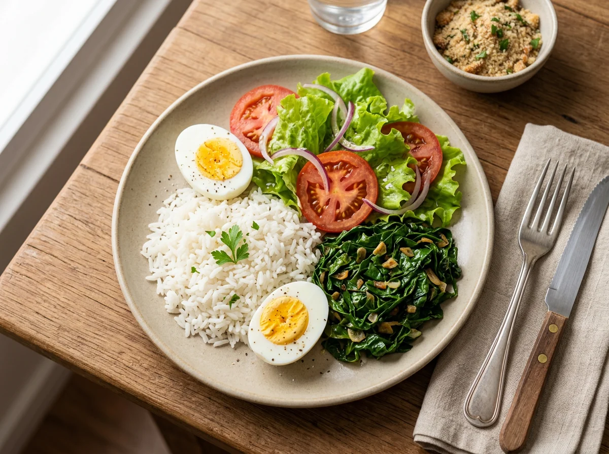 Prato variado com arroz, ovos e salada photo