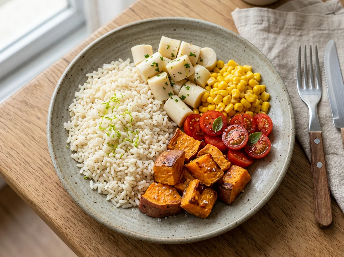 Prato variado com arroz, palmito, milho, tomate cereja e batata doce photo