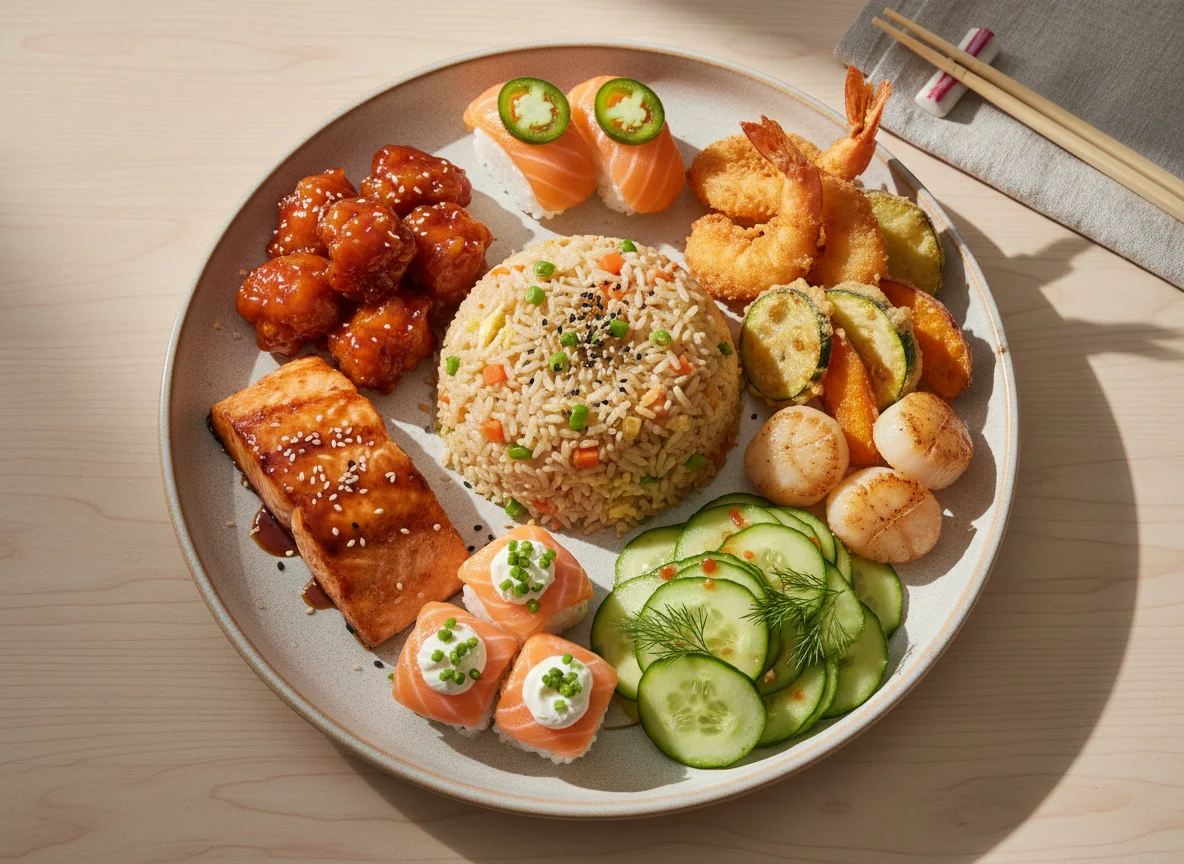 Prato variado com arroz, peixe e tempura photo