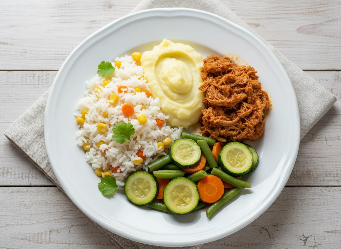 Prato variado com arroz, purê, carne e legumes photo
