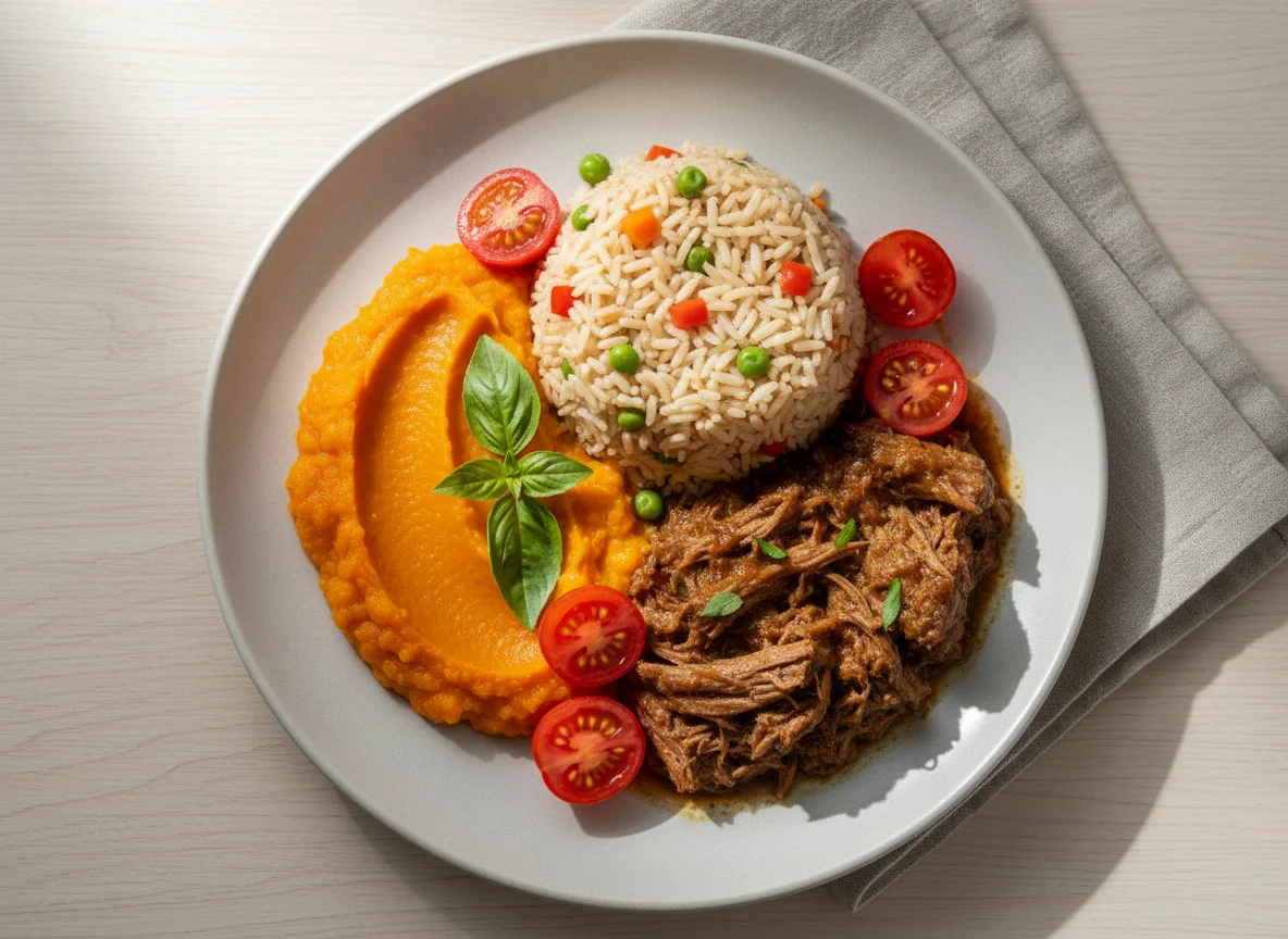 Prato variado com arroz, purê e tomate photo