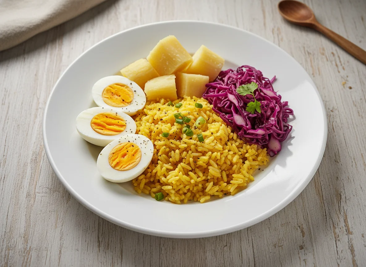 Prato variado com arroz, repolho, ovos e mandioca photo