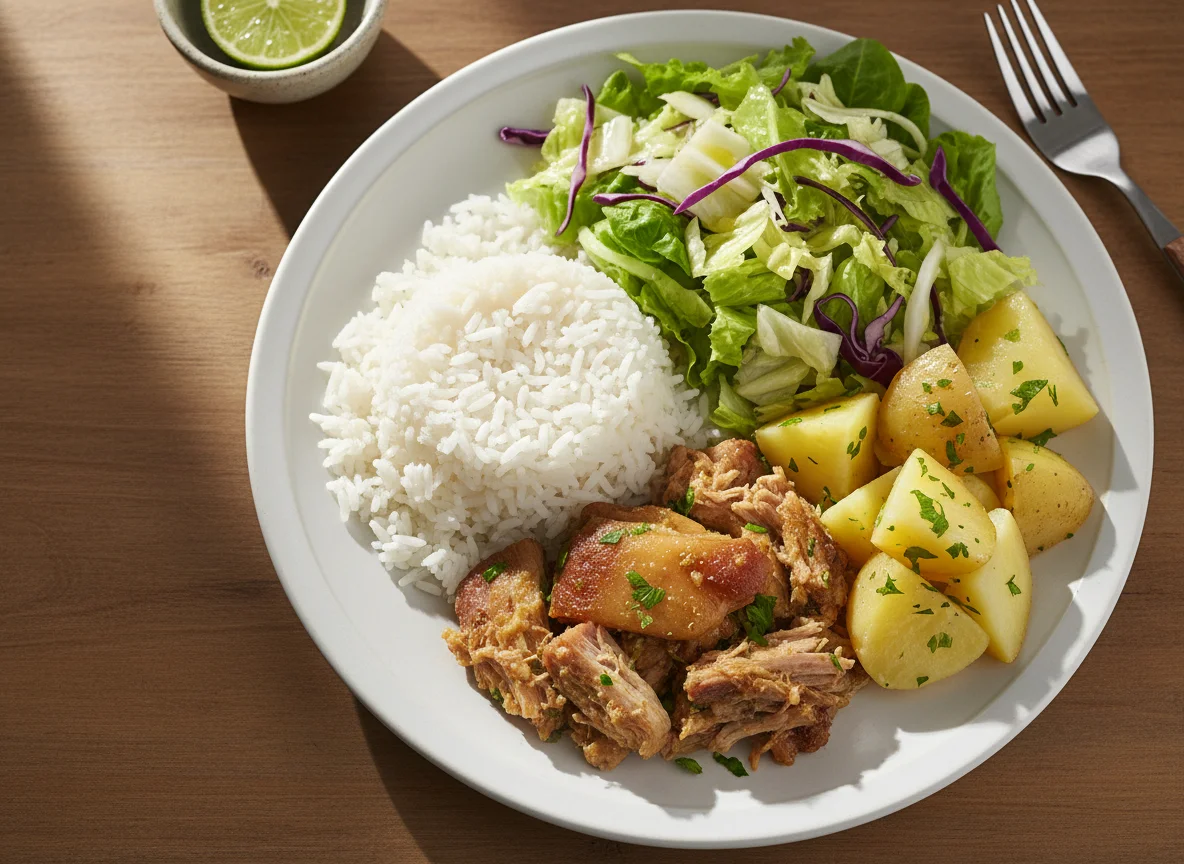 Prato variado com arroz, salada e batata photo