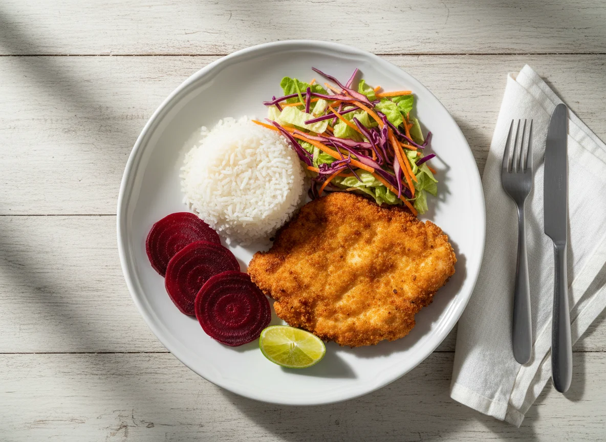 Prato variado com arroz, salada e frango photo