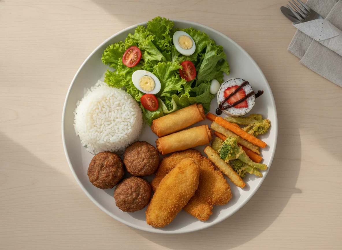 Prato variado com arroz, salada e fritos photo