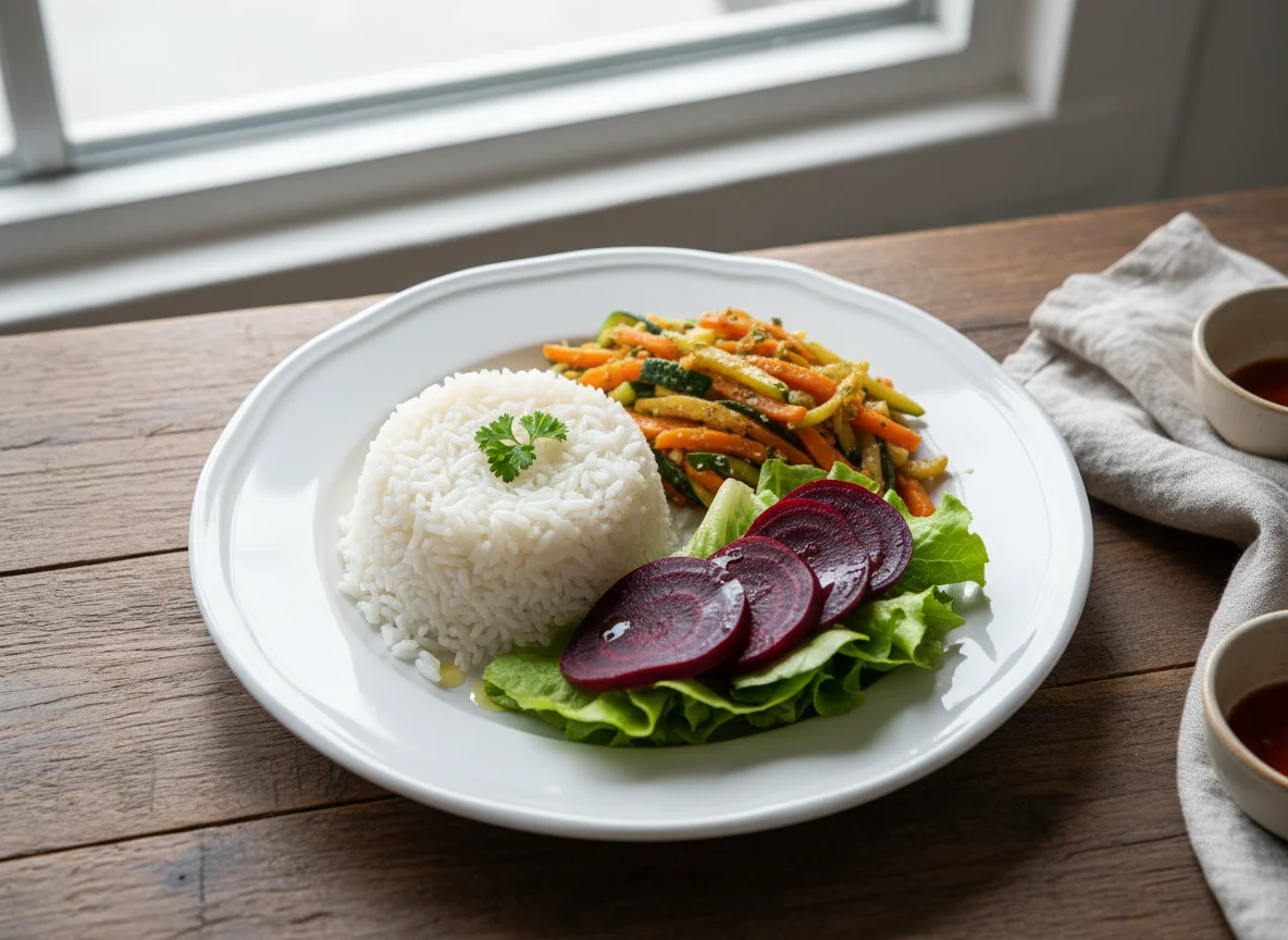 Prato variado com arroz, salada e legumes photo