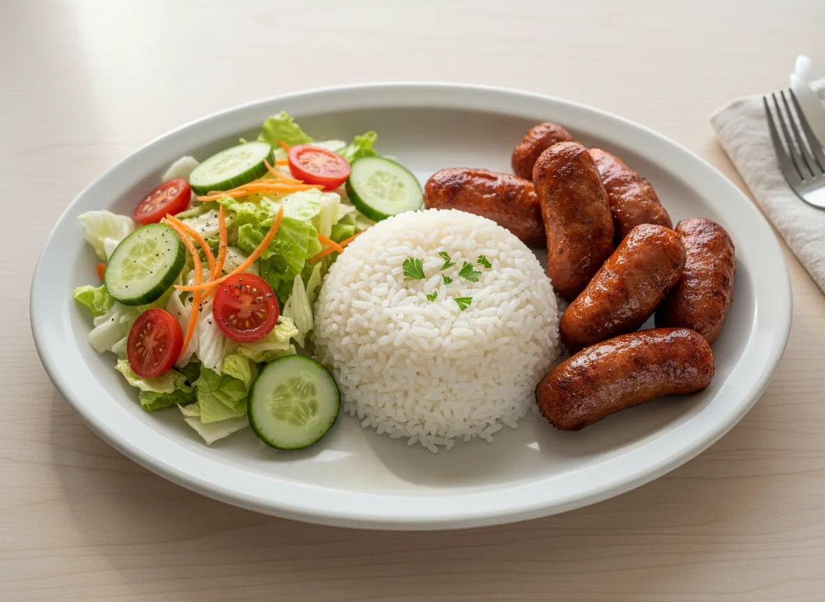 Prato variado com arroz, salada e linguiça photo