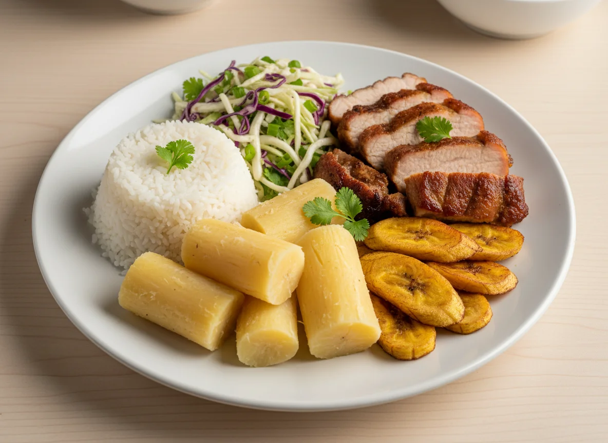 Prato variado com arroz, salada, macaxeira e carne photo