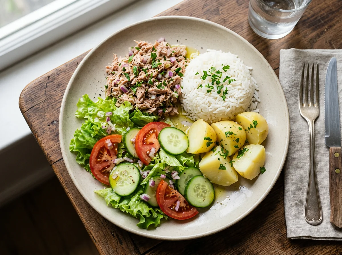 Prato variado com atum, arroz, batata e salada photo