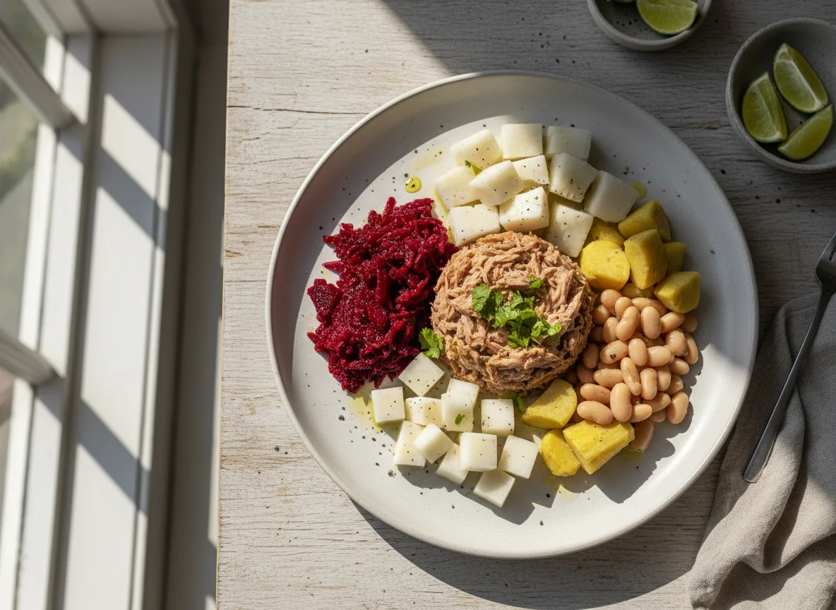 Prato variado com atum e raízes photo