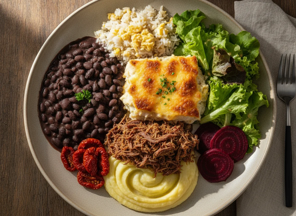 Prato variado com bacalhau gratinado, feijão preto e carne seca photo
