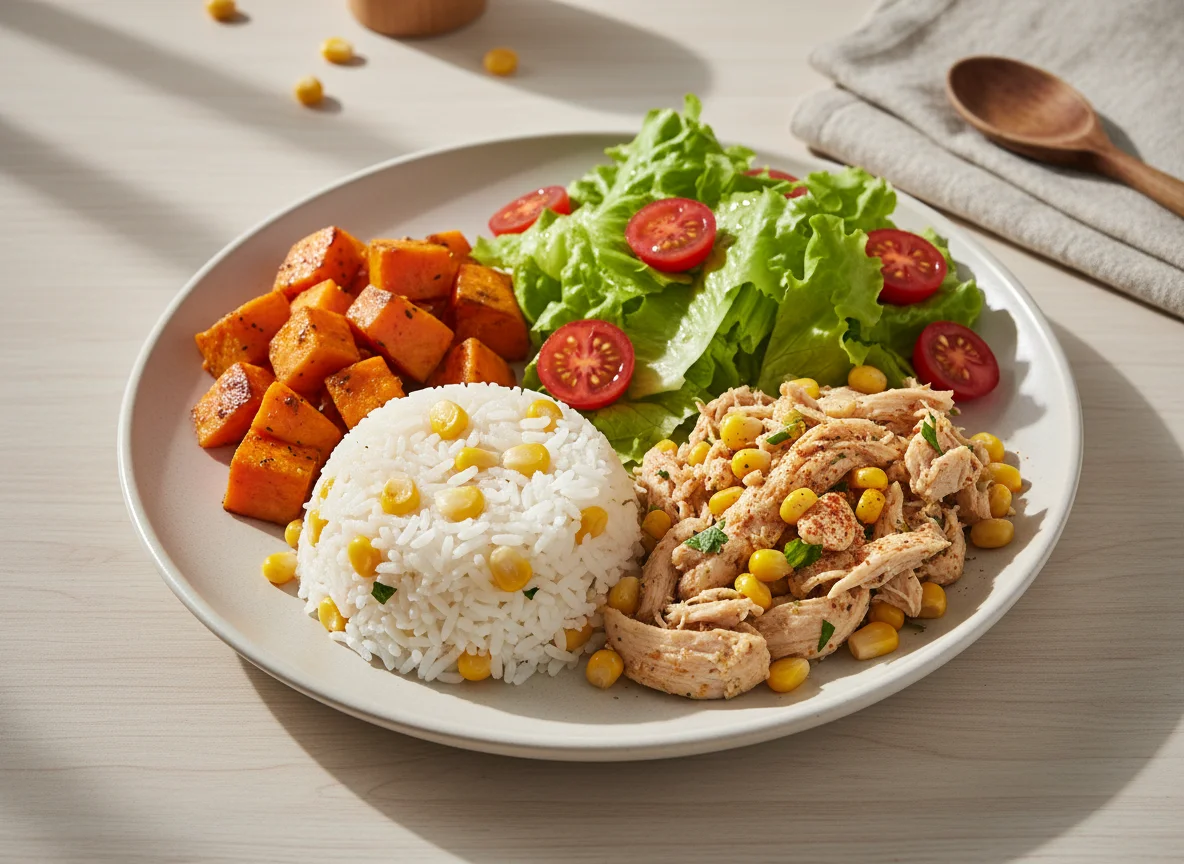 Prato variado com batata doce, arroz, frango desfiado e salada photo