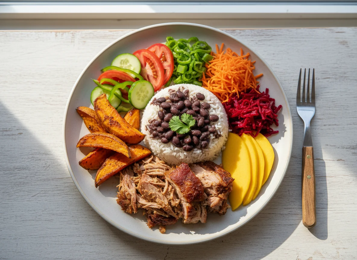 Prato variado com batata doce e arroz com feijão photo
