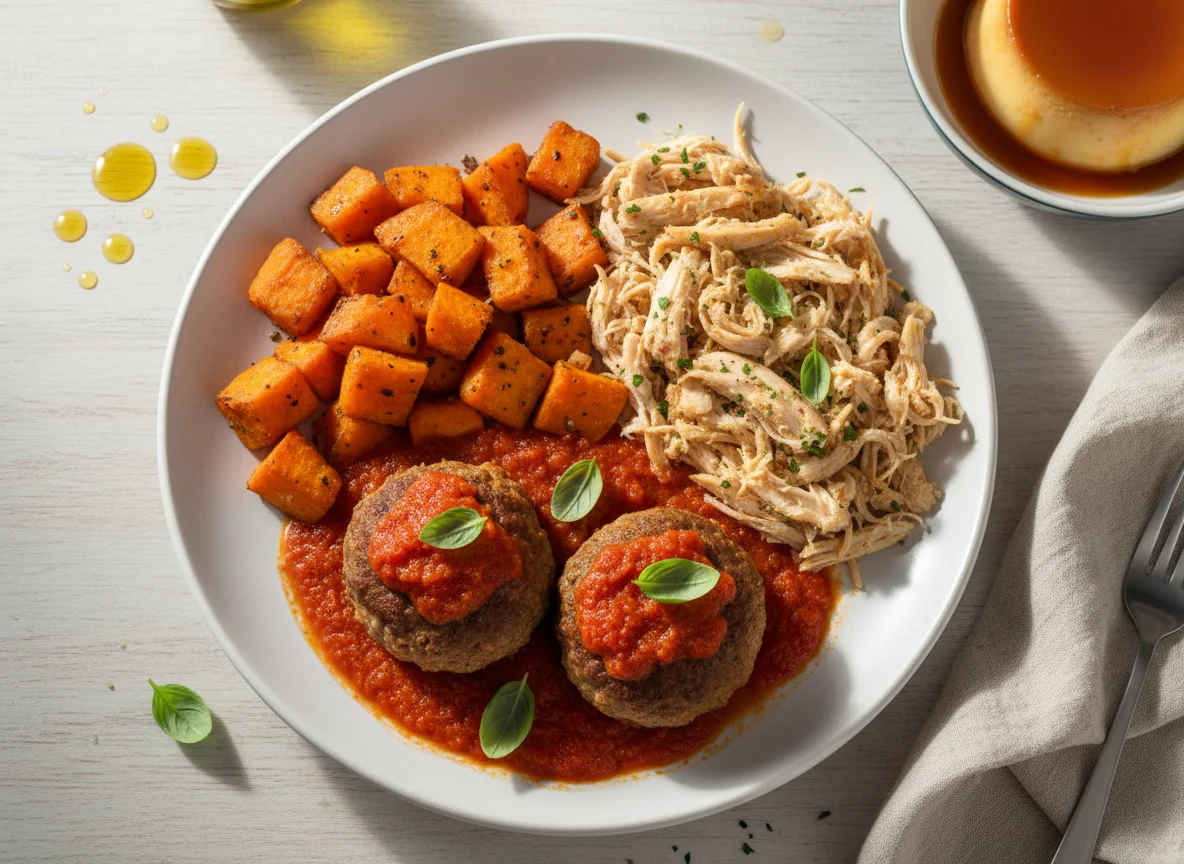 Prato variado com batata doce e frango desfiado photo