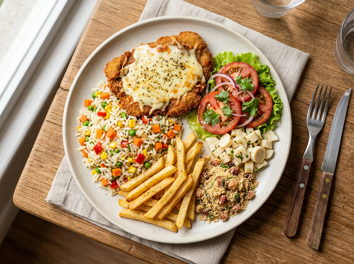 Prato variado com batata frita, arroz, carne e salada photo