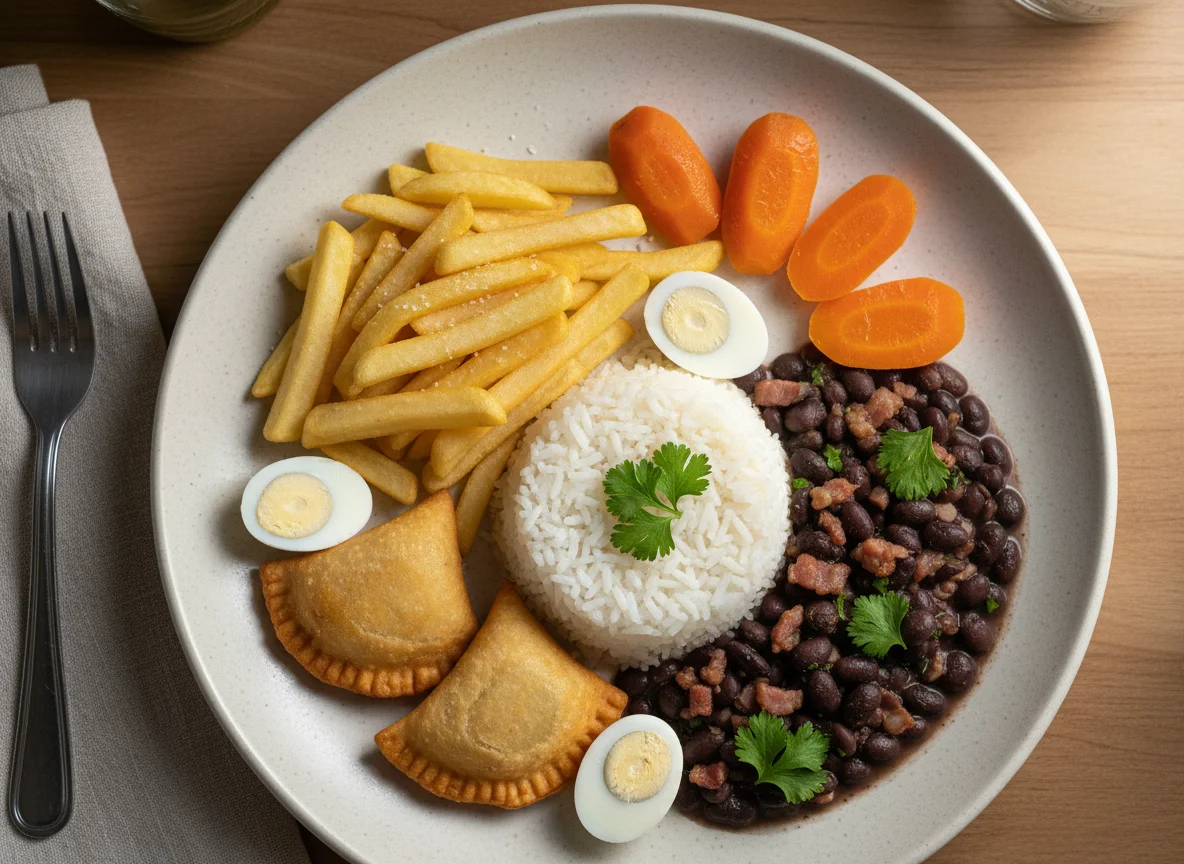 Prato variado com batata frita, arroz e feijão photo