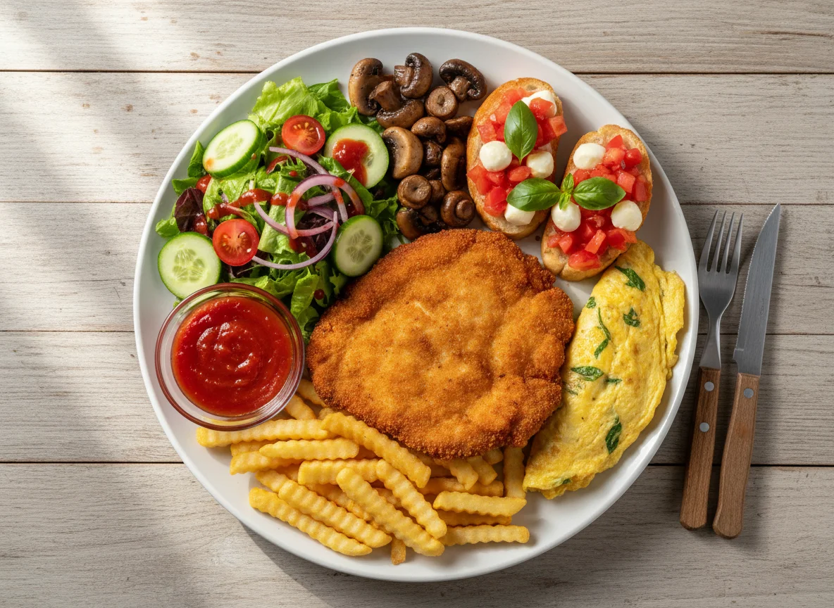 Prato variado com batata frita e salada photo