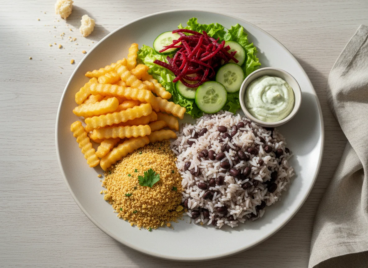 Prato variado com batata frita, salada e feijão photo