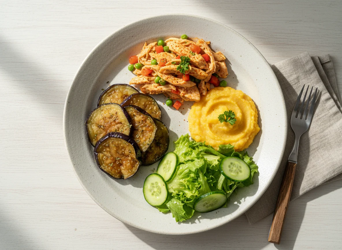 Prato variado com berinjela, abóbora, frango e salada photo