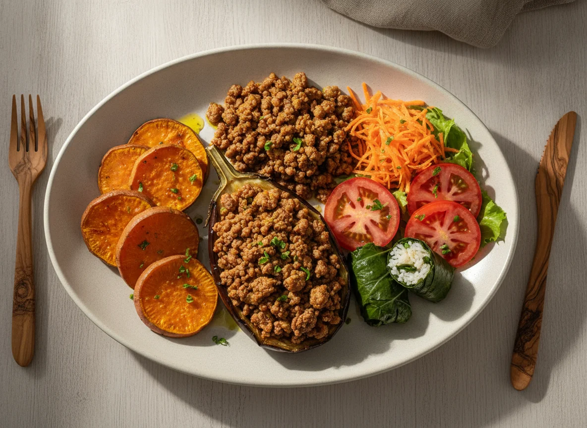 Prato variado com berinjela recheada, carne moída e salada photo