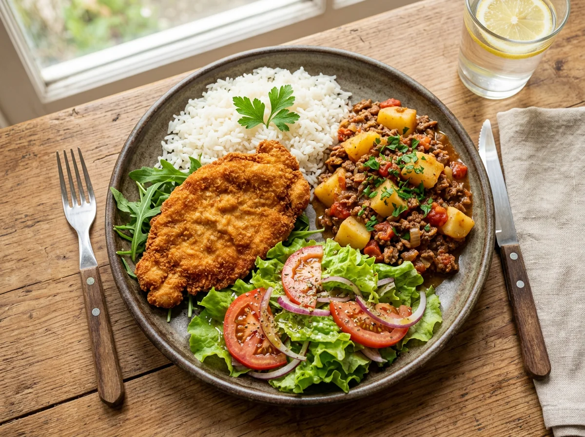 Prato variado com bife à milanesa, arroz, carne moída com batata e salada photo