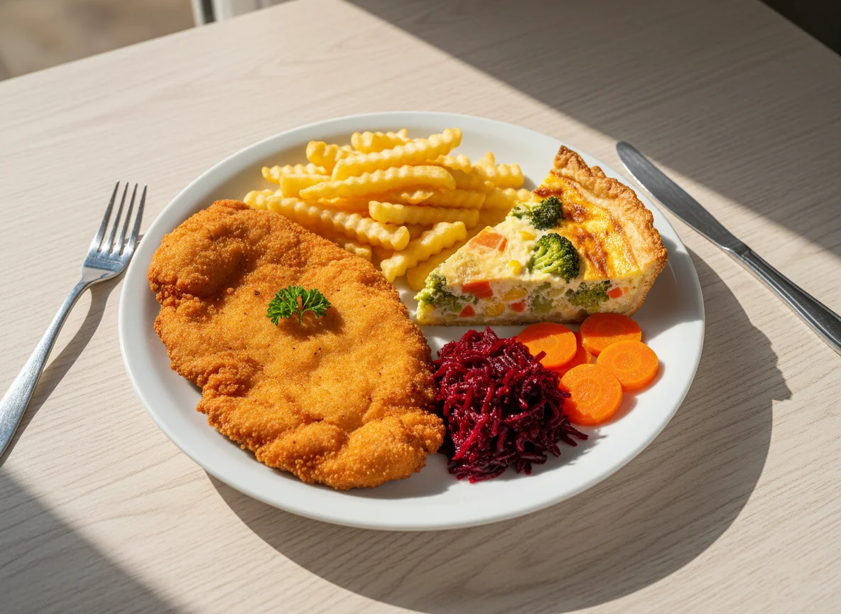 Prato variado com bife à milanesa e quiche photo