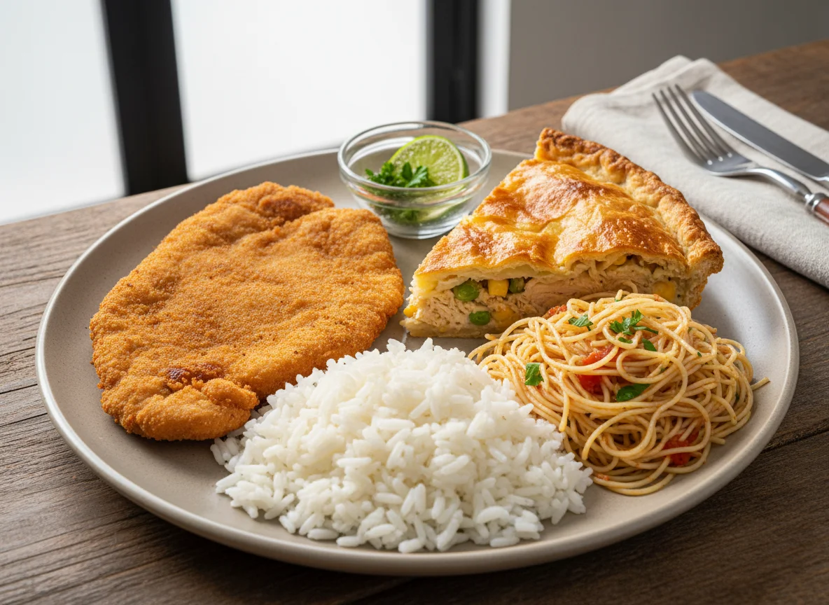 Prato variado com bife à milanesa, torta de frango, macarrão e arroz photo