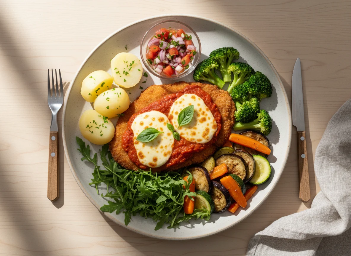 Prato variado com bife à parmegiana photo