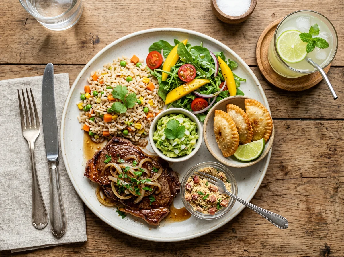 Prato variado com bife, arroz, salada e acompanhamentos photo