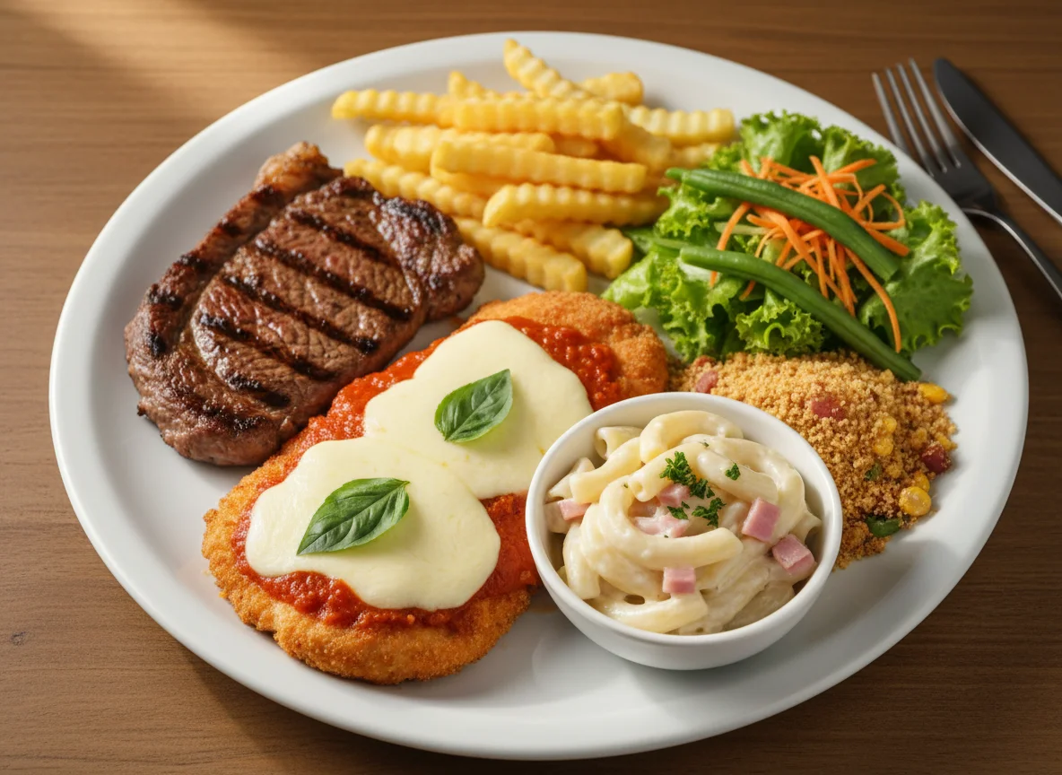 Prato variado com bife, batata frita e frango à parmegiana photo