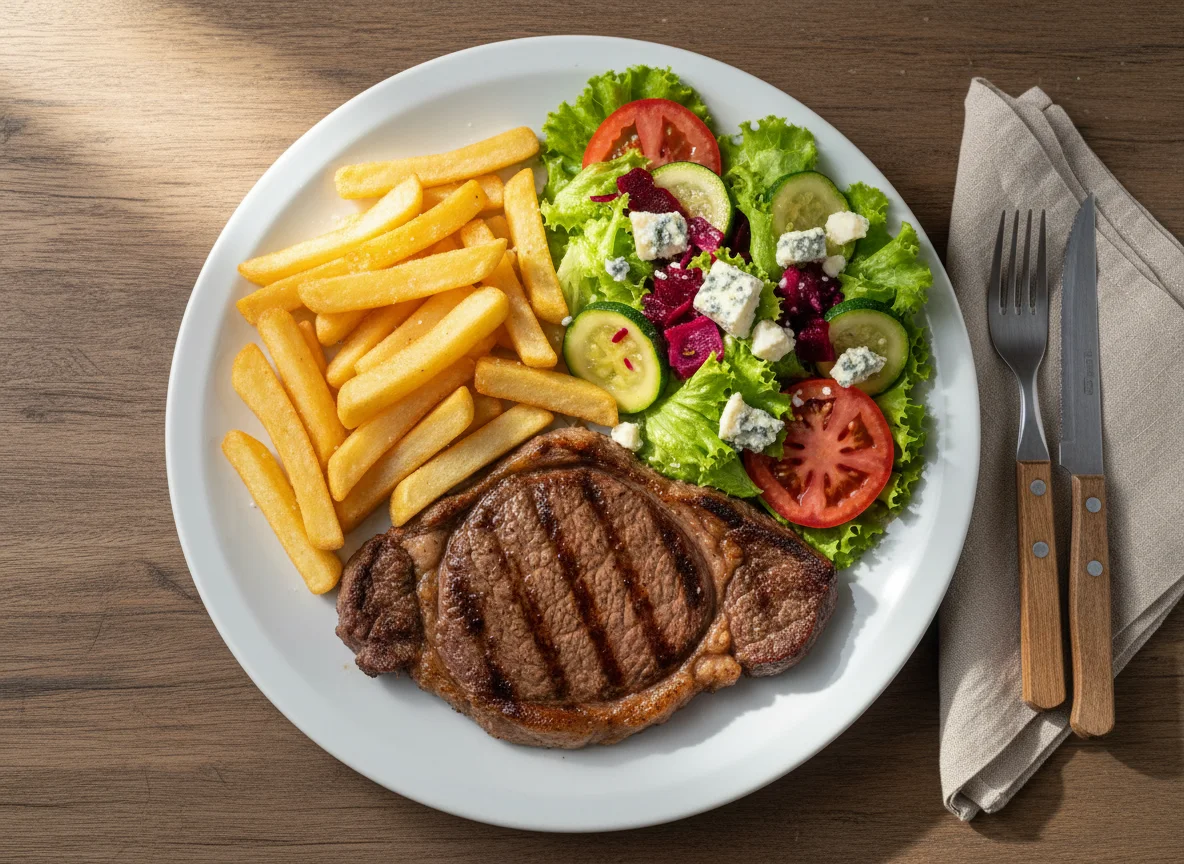 Prato variado com bife, batata frita e salada photo