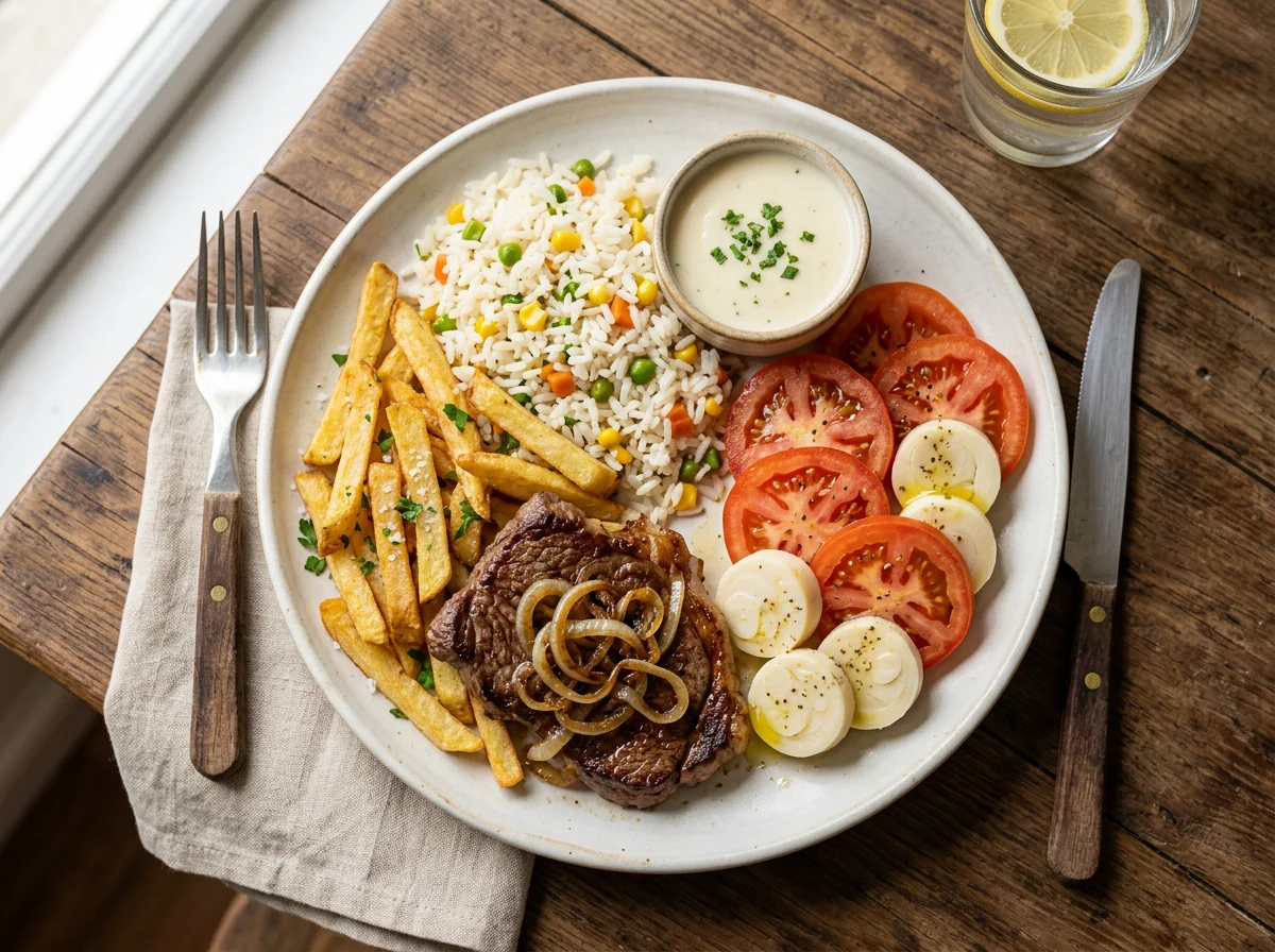 Prato variado com bife e batata frita photo
