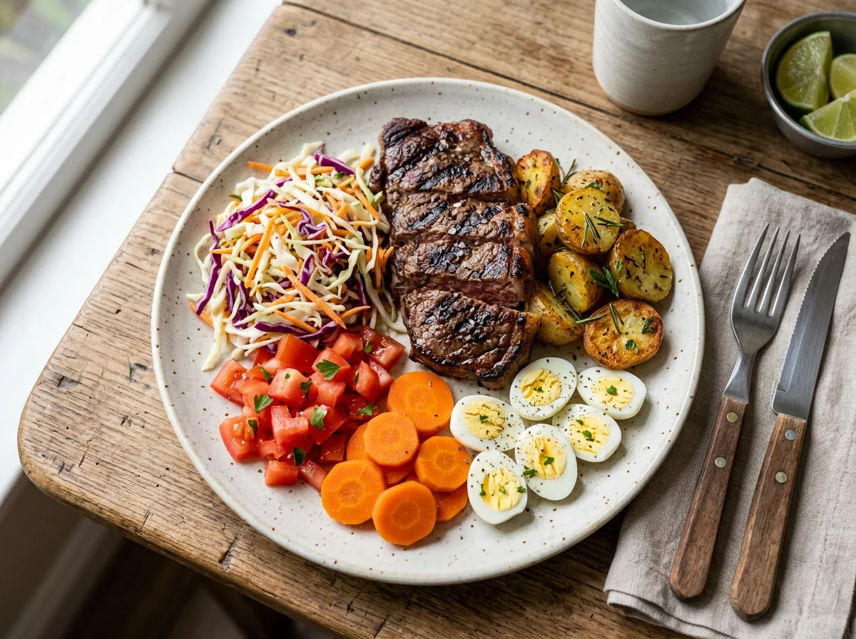 Prato variado com bife e salada photo