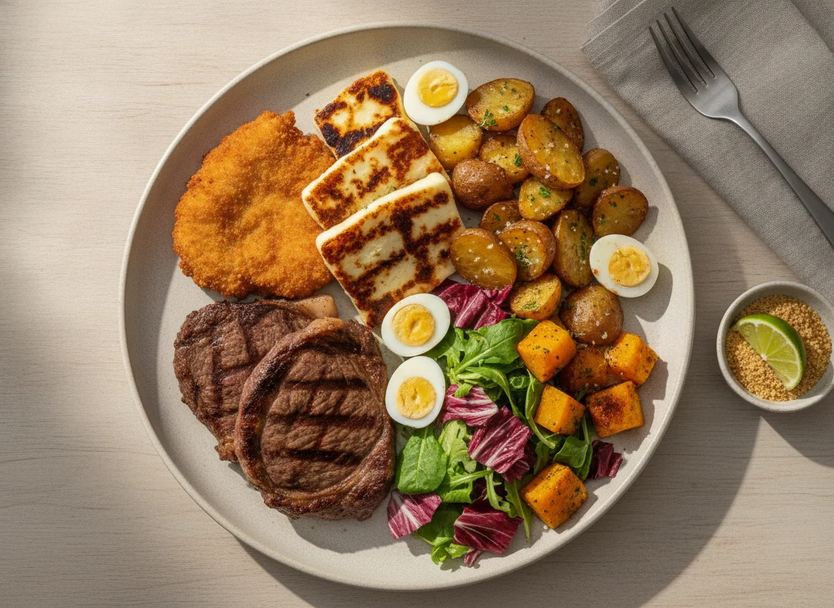 Prato variado com bife, frango empanado e salada photo