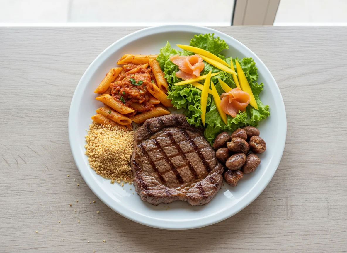 Prato variado com bife, massa e salada photo