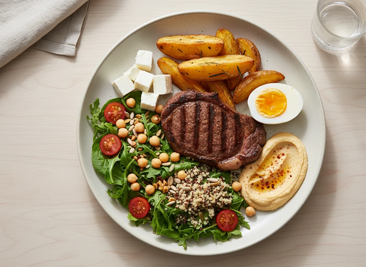 Prato variado com bife, salada e acompanhamentos photo