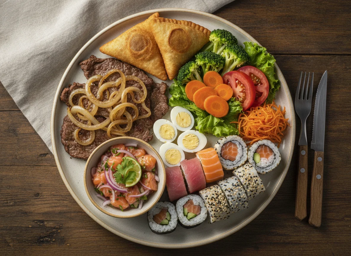 Prato variado com bife, sushi e salada photo