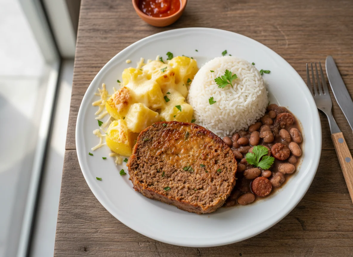 Prato variado com bolo de carne, arroz, feijão e batatas photo