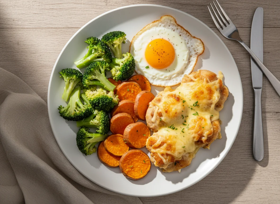 Prato variado com brócolis, batata doce, ovo frito e frango gratinado photo