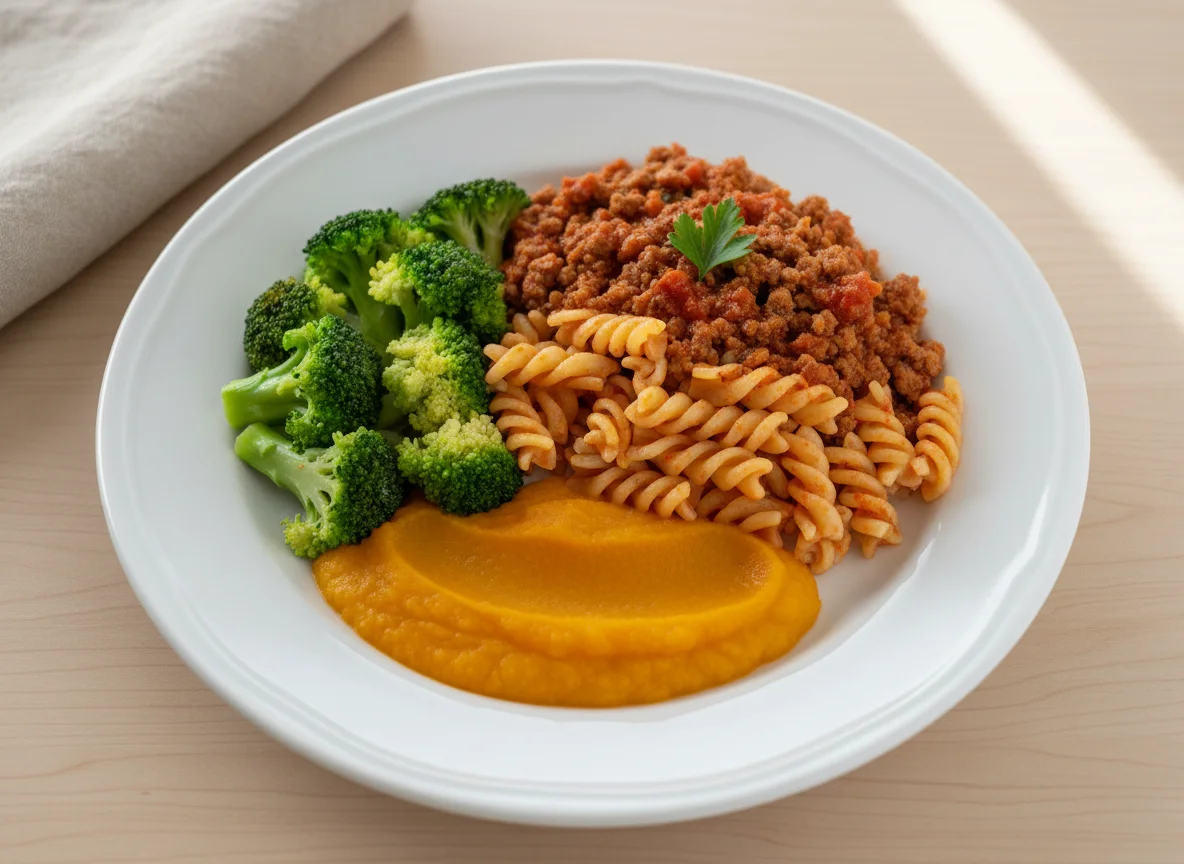 Prato variado com brócolis, carne moída com molho, macarrão e abóbora photo