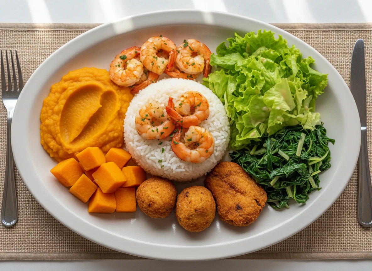 Prato variado com camarão e acompanhamentos photo