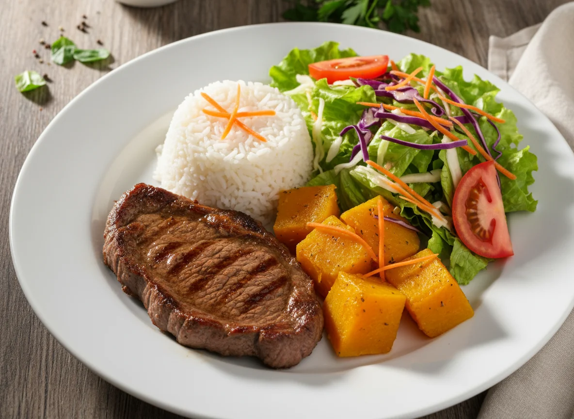 Prato variado com carne, abóbora, arroz e salada photo
