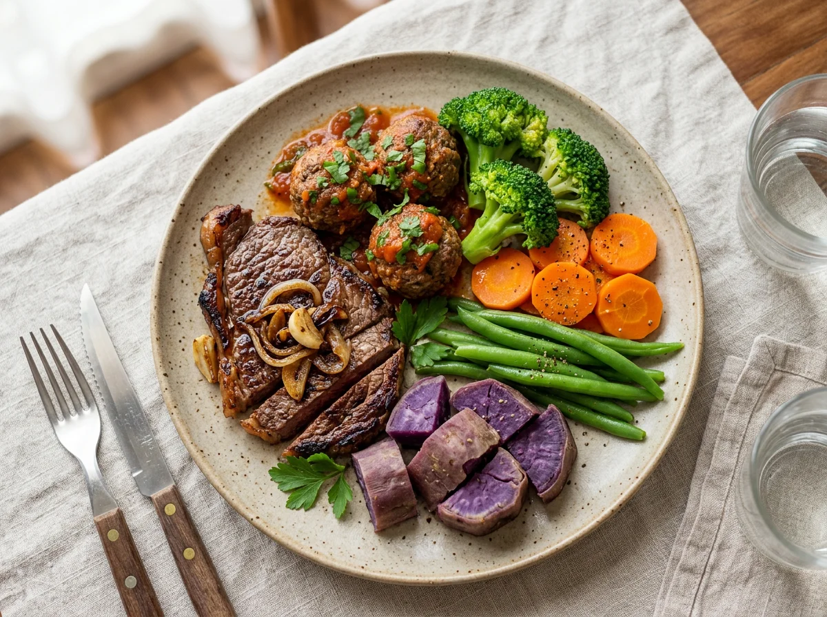 Prato variado com carne, almôndegas e vegetais photo