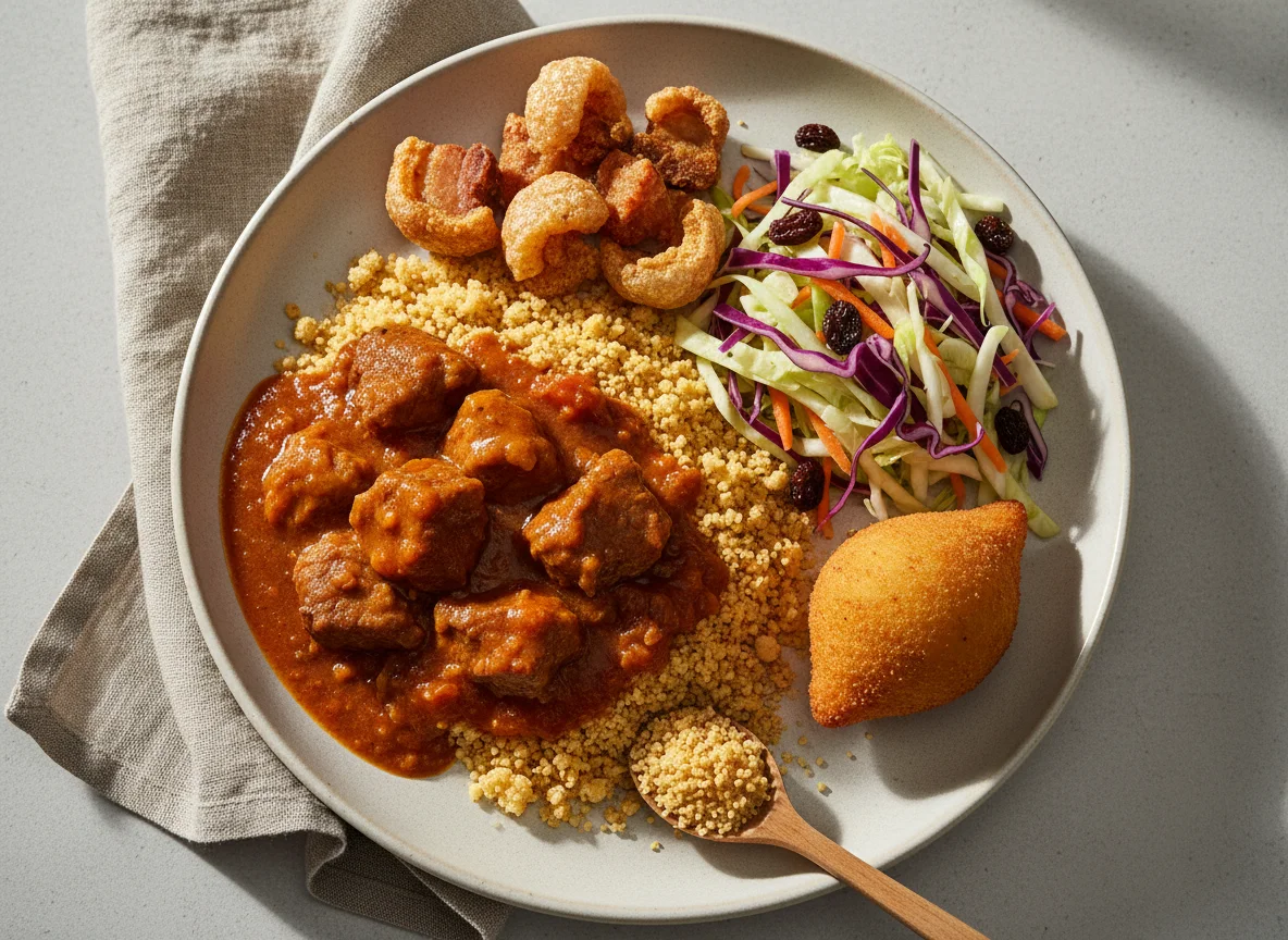 Prato variado com carne ao molho, farofa e salada photo