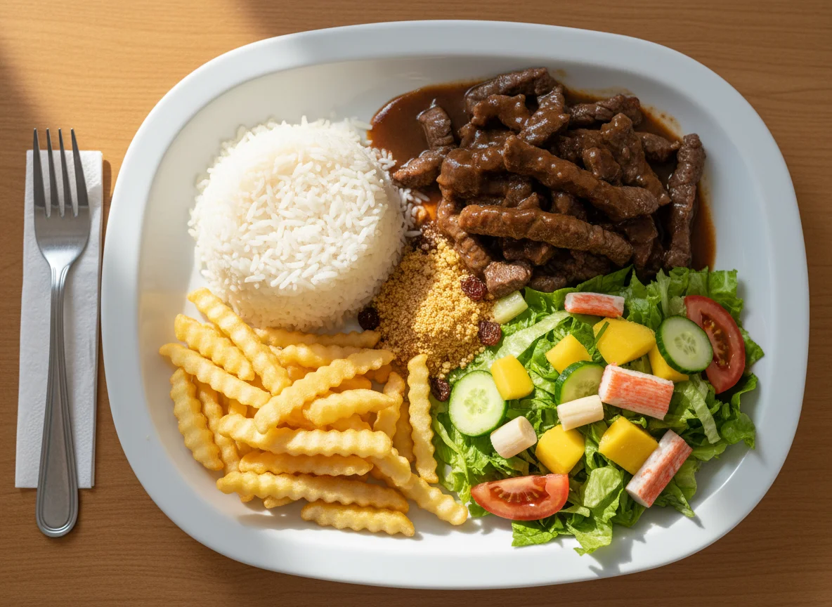 Prato variado com carne, arroz, batata frita e salada photo